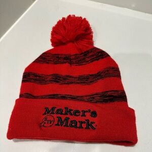 The Game Maker's Mark Bourbon Beanie Knit Hat Toboggan Pom Pom Red Black Logo